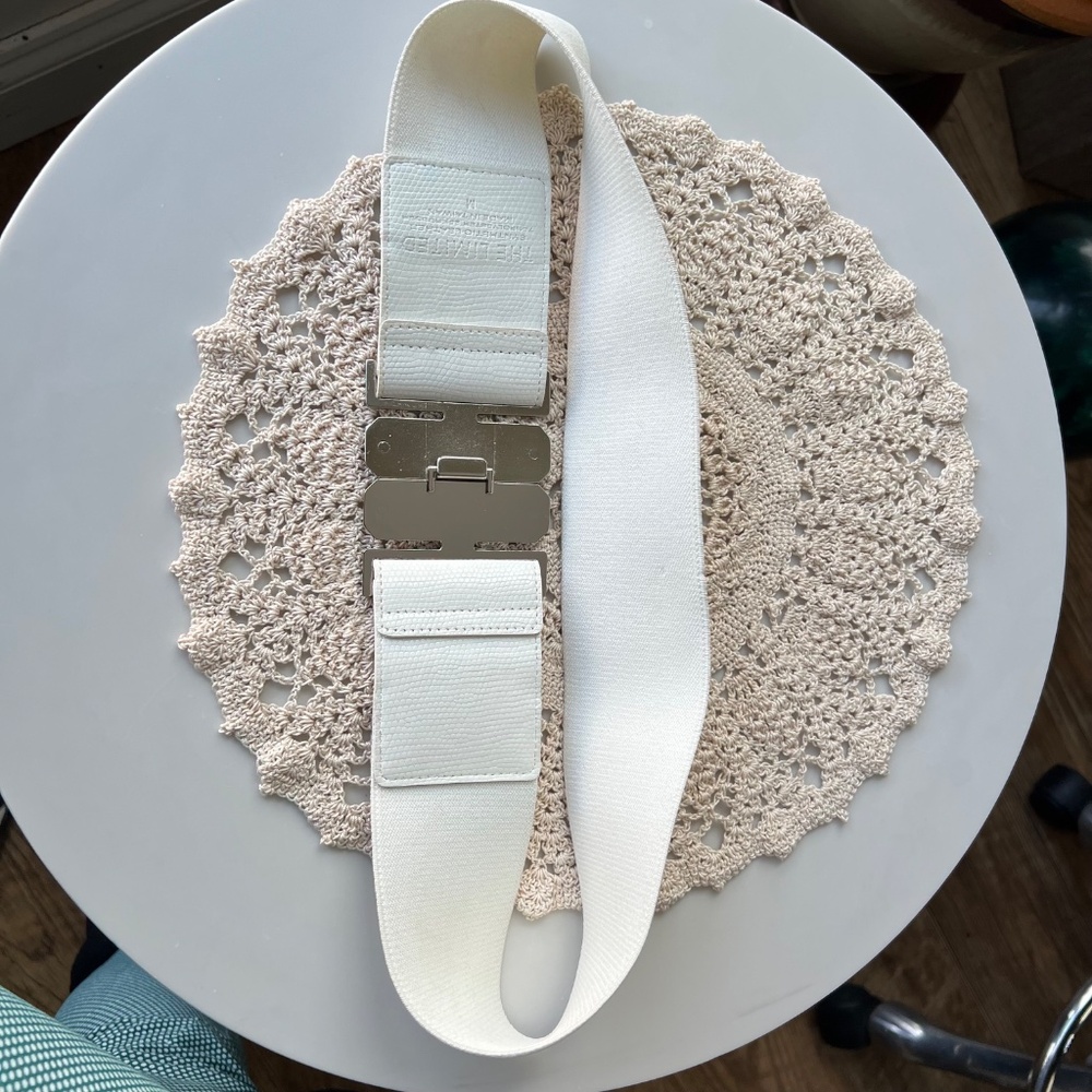 Limited Synthetic Leather Stretch White Wide Belt Cream buckle with silver-tone